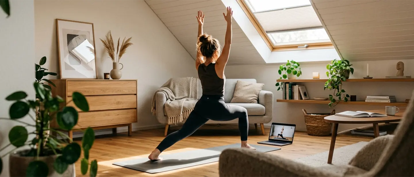 Eine Frau macht Yoga auf einer Matte vor einem Laptop in einem Wohnzimmer mit einem Dachfenster-Plissee am Fenster.