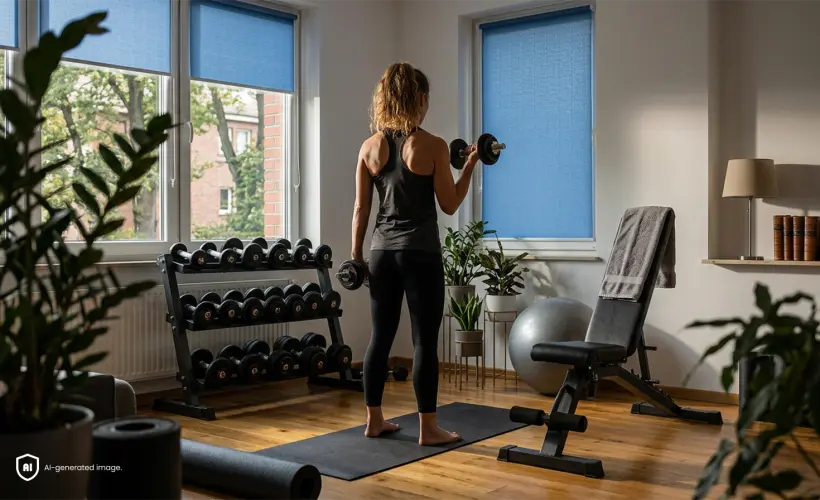 Eine Frau trainiert in einem Home-Gym in einem Zimmer mit blauen Standardrollos am Fenster.
