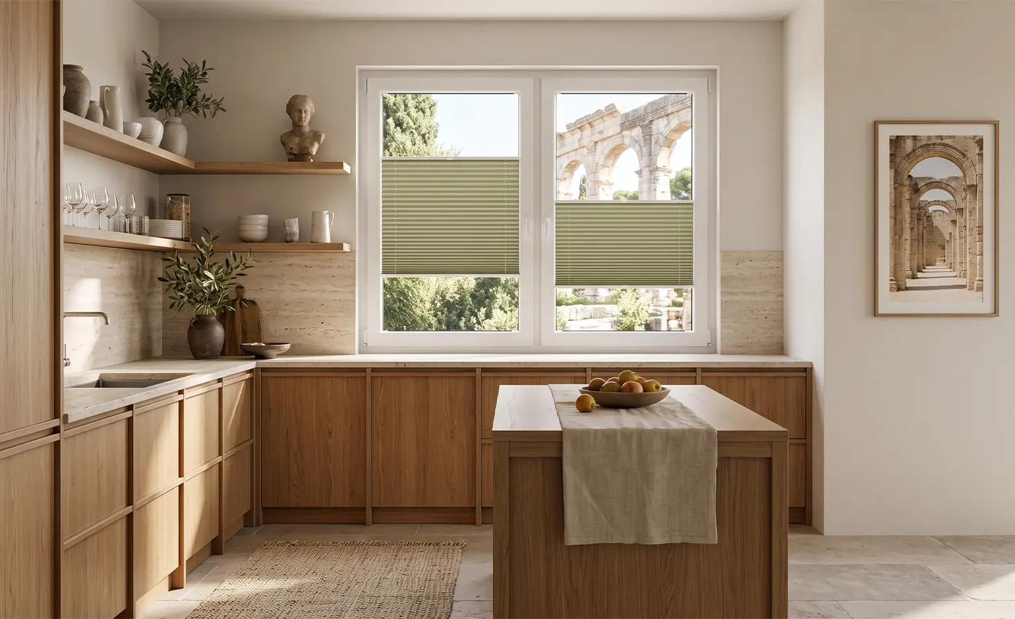 A bright kitchen with a pleated blind on the window and an ancient building visible outside.