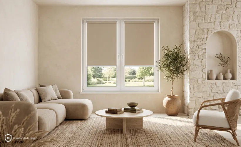 A living room with a day and night blind, a brick arch and decorations inspired by antiquity.