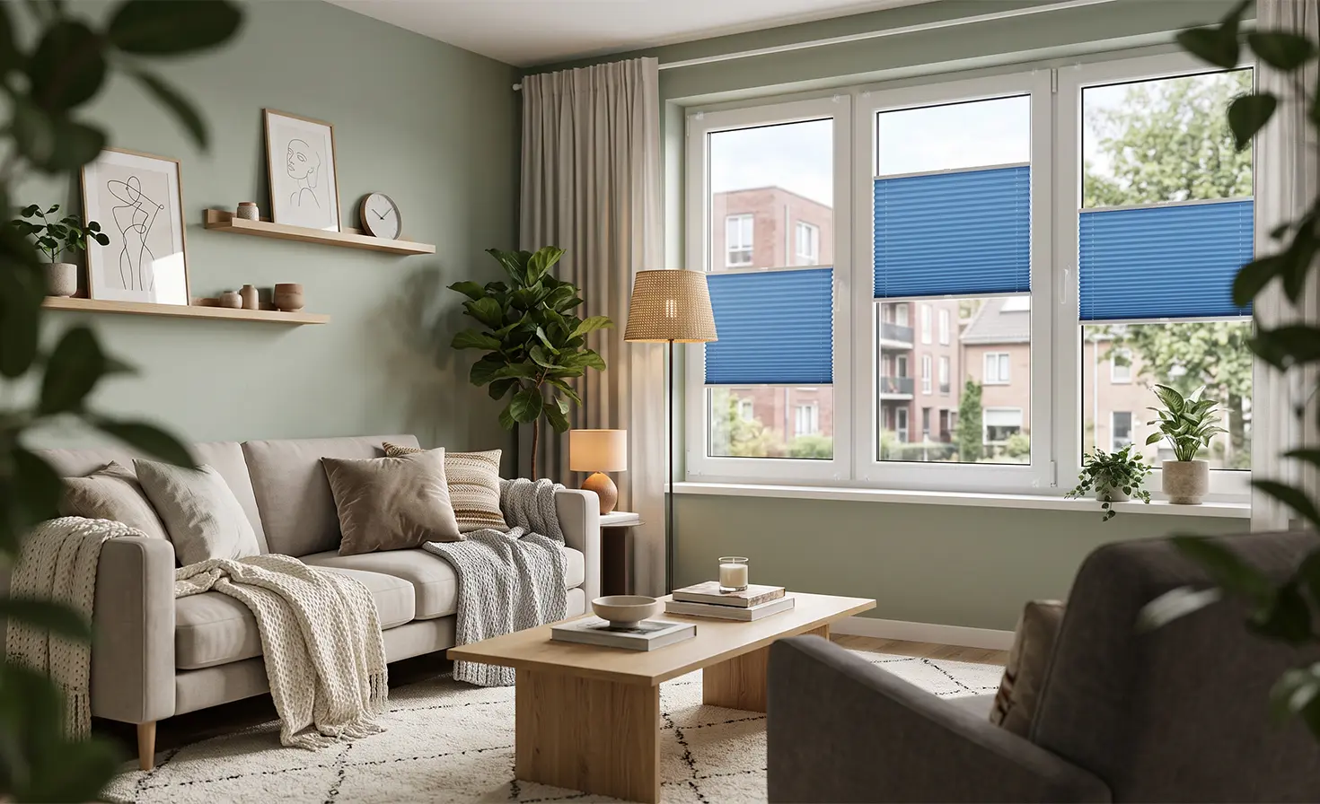 Kleines Zimmer in einer Mietwohnung mit blauen Standard-Plissee-Rollos am Fenster.