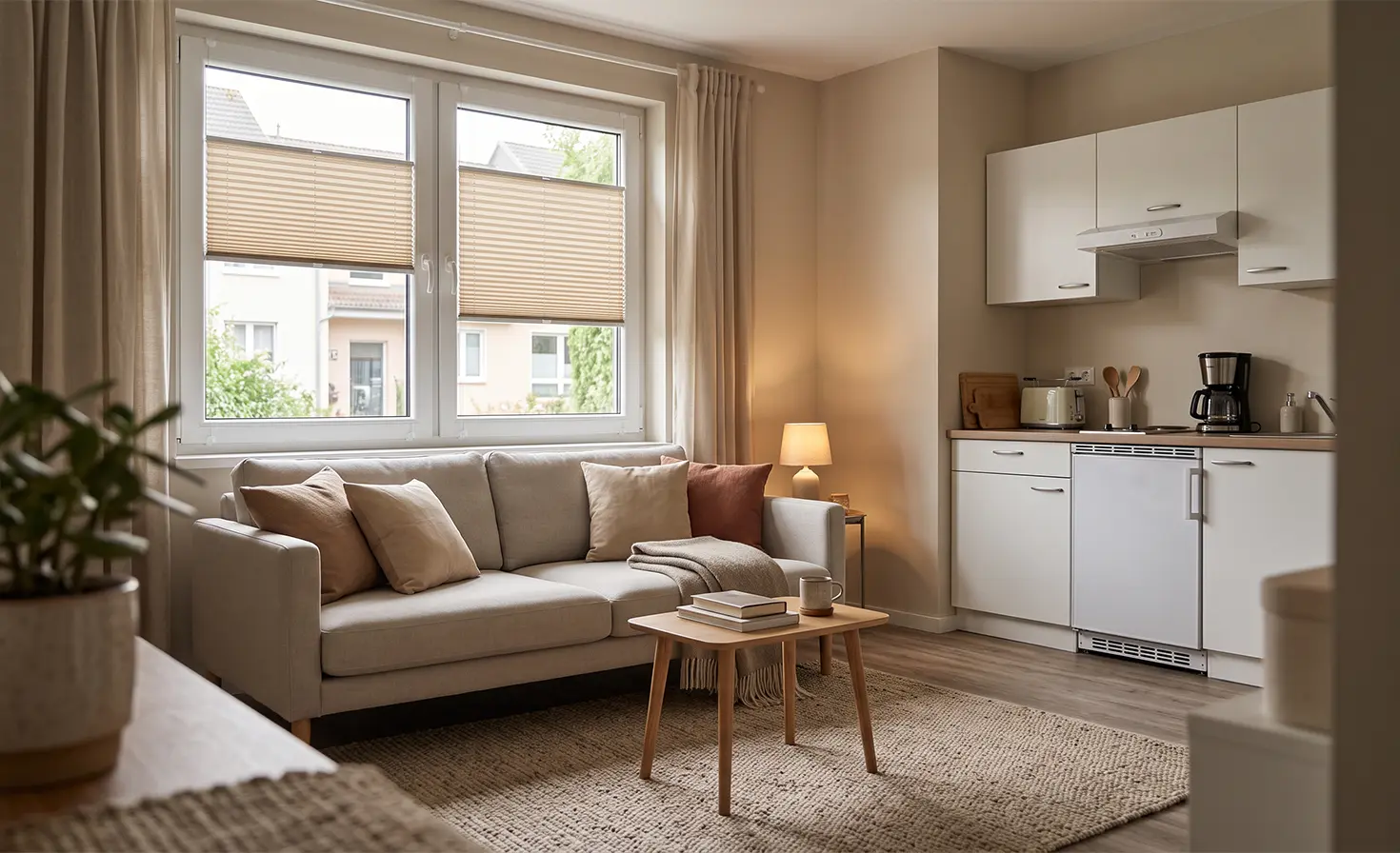 Kleine Einzimmerwohnung mit beigen Standard-Plissees am Fenster.