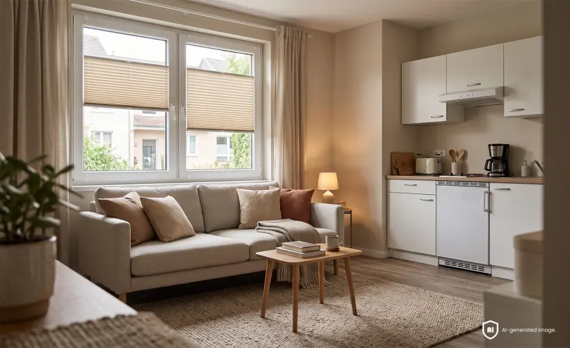 Kleine Einzimmerwohnung mit beigen Standard-Plissees am Fenster.