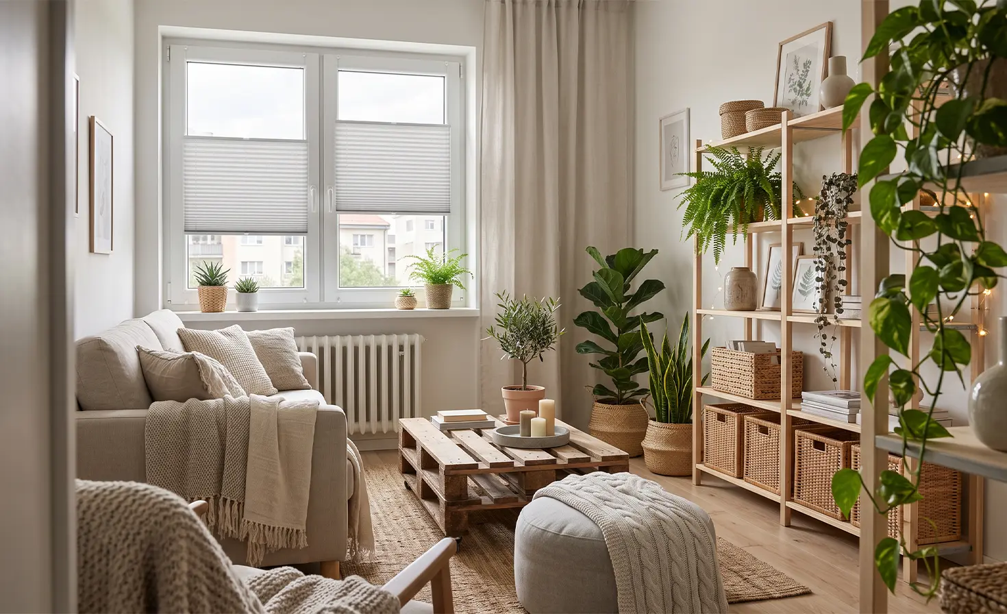 Kleines, gemütliches Zimmer im Boho-Stil mit grauen Standard-Plissees am Fenster.