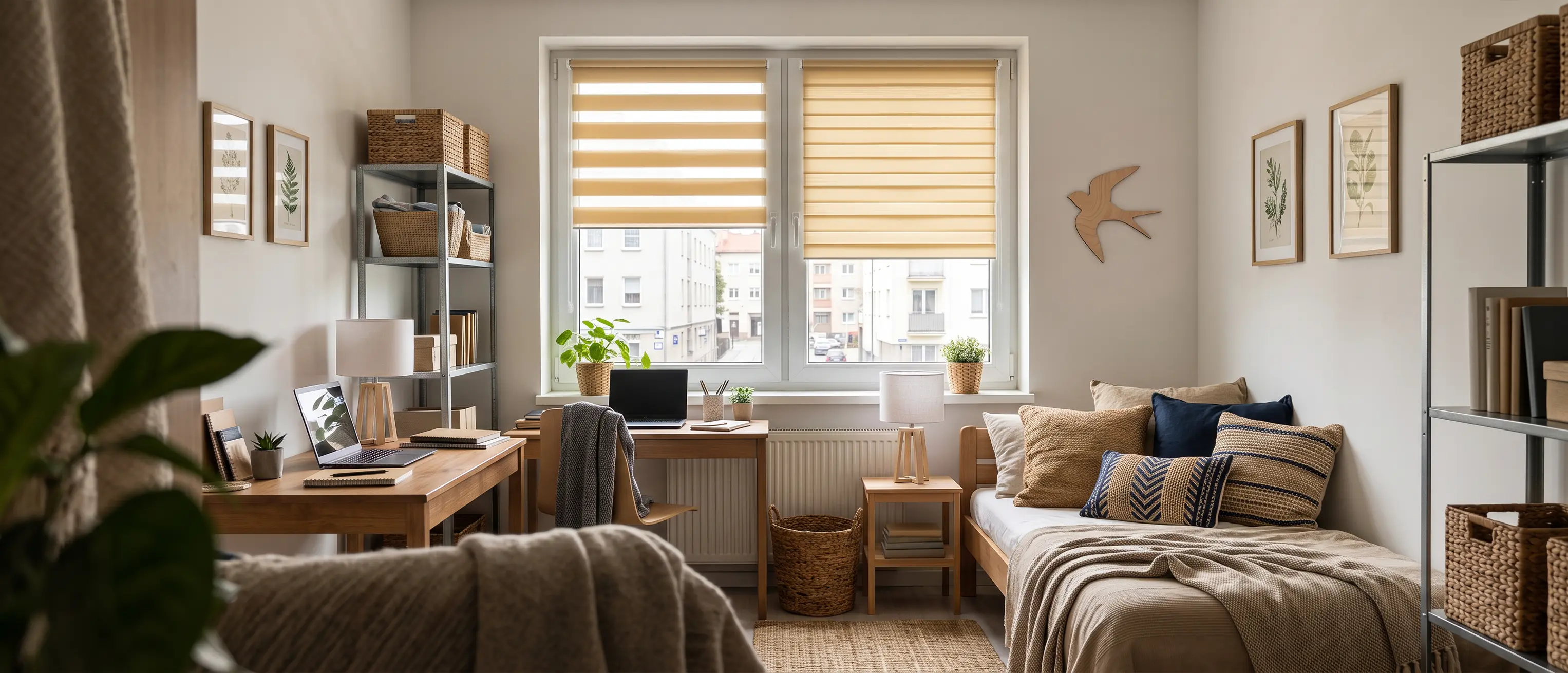 A small, cosy room in a rented apartment with yellow day and night blinds on the windows.
