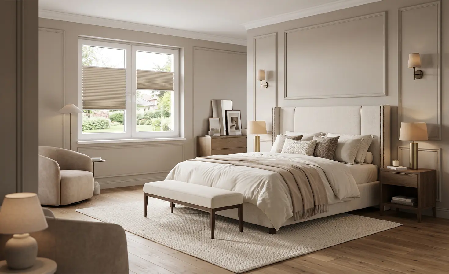 Gem&uuml;tliches Schlafzimmer im Modern-Classic-Stil mit beigen Wabenplissees am Fenster.