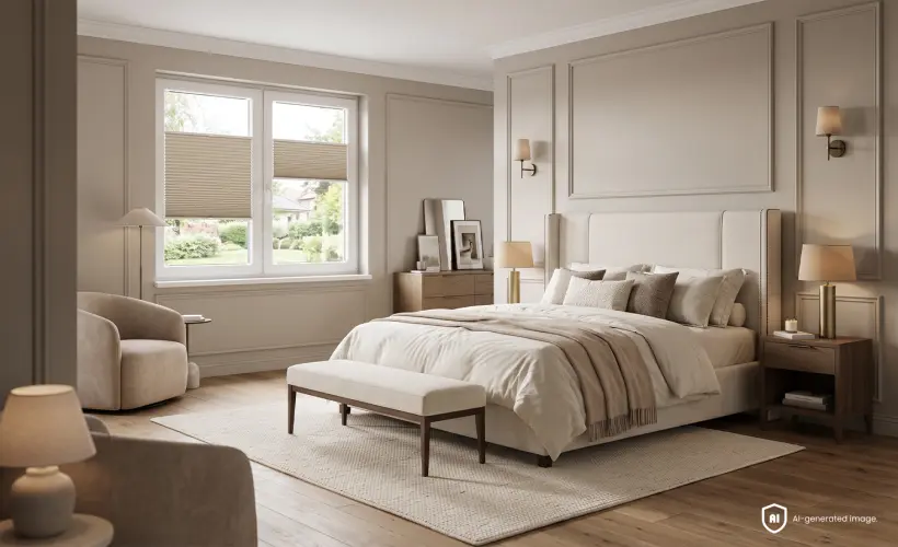 Gemütliches Schlafzimmer im Modern-Classic-Stil mit beigen Wabenplissees am Fenster.