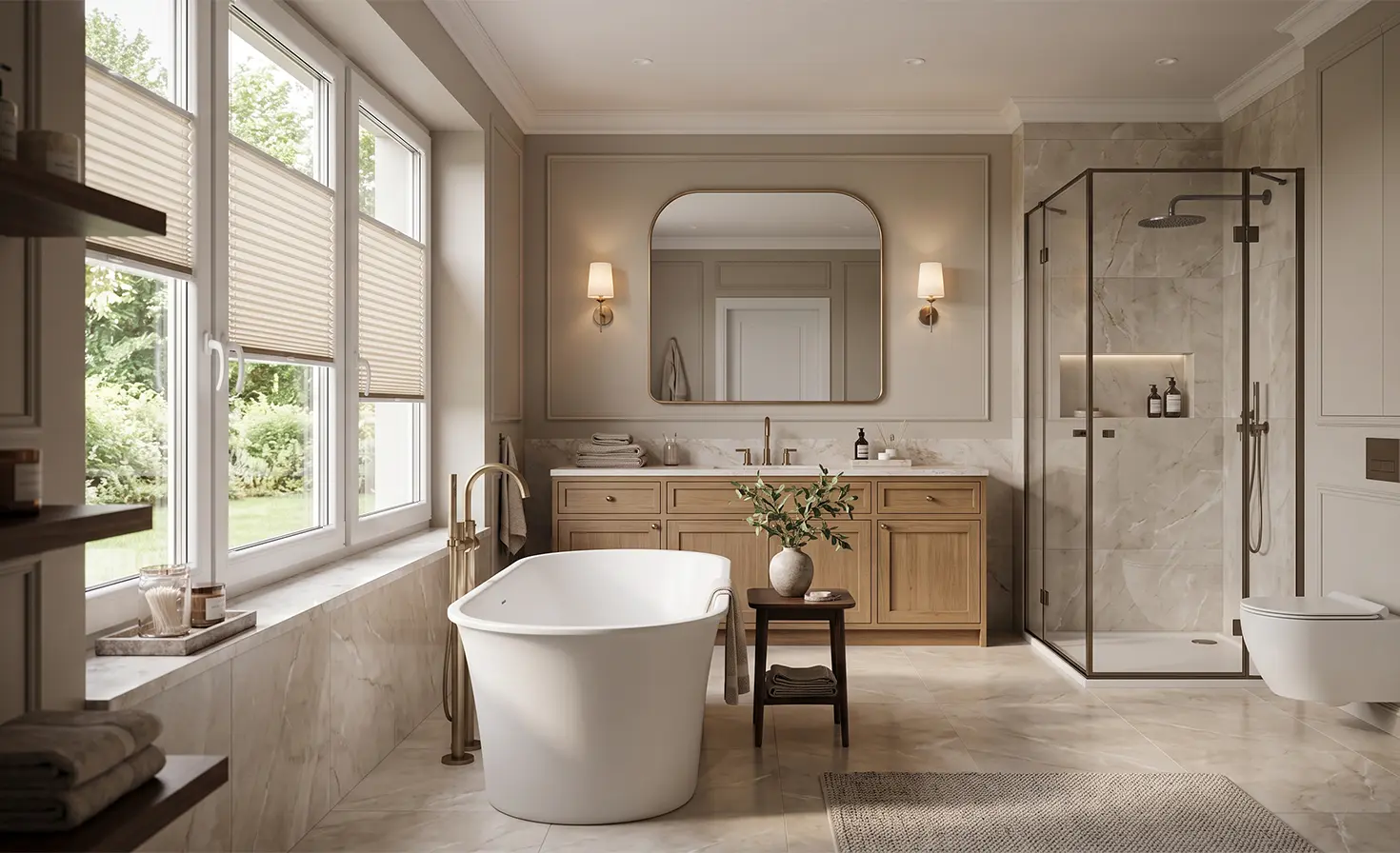 Modernes, großes Badezimmer im Modern-Classic-Stil mit beigen Standard-Plissees am Fenster.