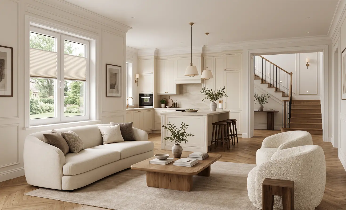 Helles, geräumiges Wohnzimmer mit Küche im Modern-Classic-Stil und beigen Standard-Plissees am Fenster.