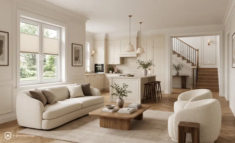 Helles, geräumiges Wohnzimmer mit Küche im Modern-Classic-Stil und beigen Standard-Plissees am Fenster.