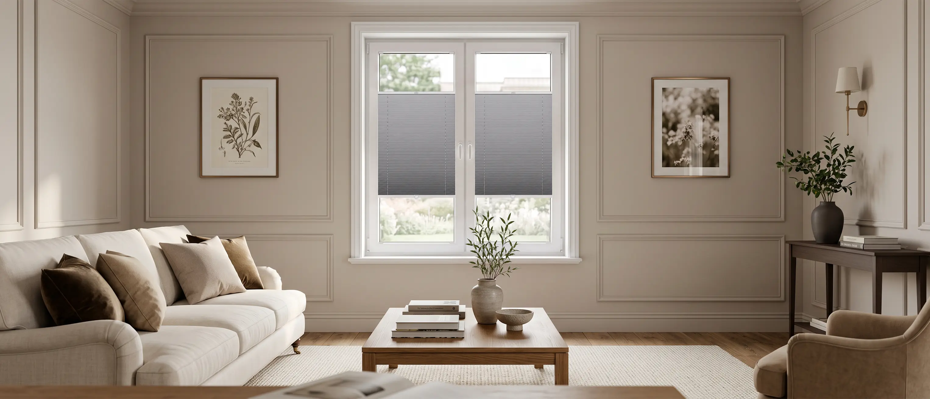 Helles, beiges und ger&auml;umiges Wohnzimmer im Modern-Classic-Stil mit grauen Standard-Plissees am Fenster.