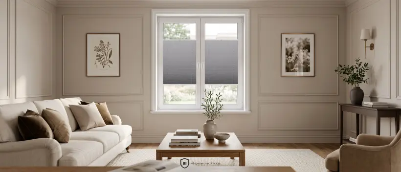 Helles, beiges und ger&auml;umiges Wohnzimmer im Modern-Classic-Stil mit grauen Standard-Plissees am Fenster.