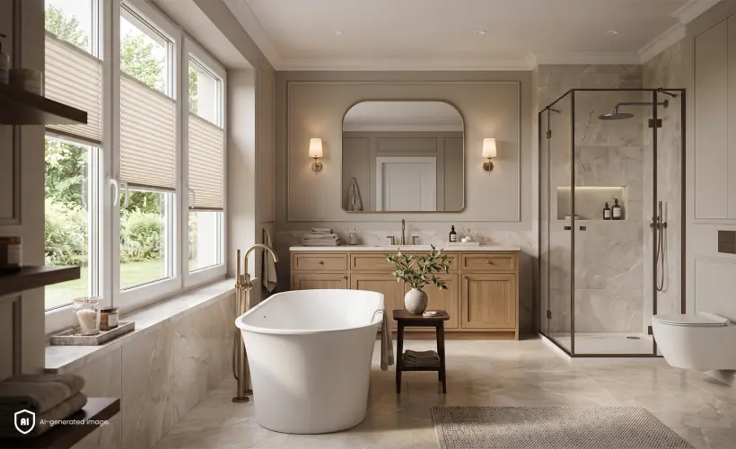 Modern, spacious bathroom in the modern classic style with standard beige pleated blinds on the window.
