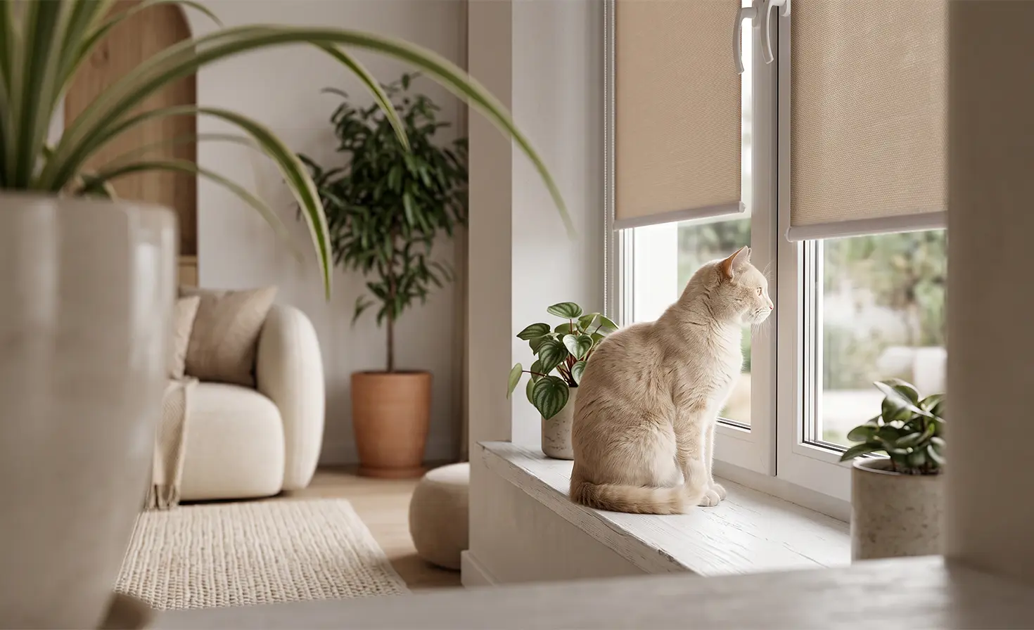 Helle Katze auf der Fensterbank am Fenster mit einem beigen Standardrollo.