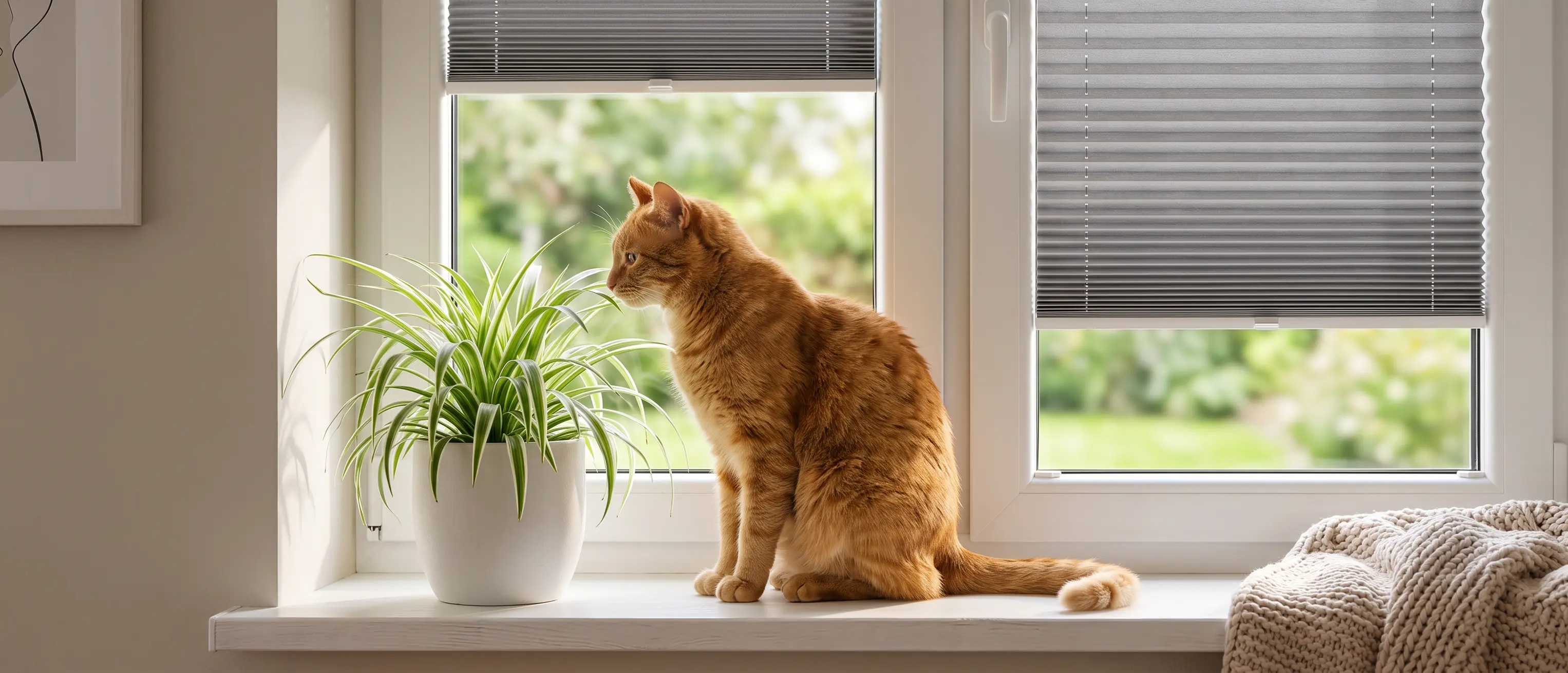 Kleine rote Katze auf der Fensterbank am Fenster, mit einem grauen Standard-Plissee im Hintergrund.