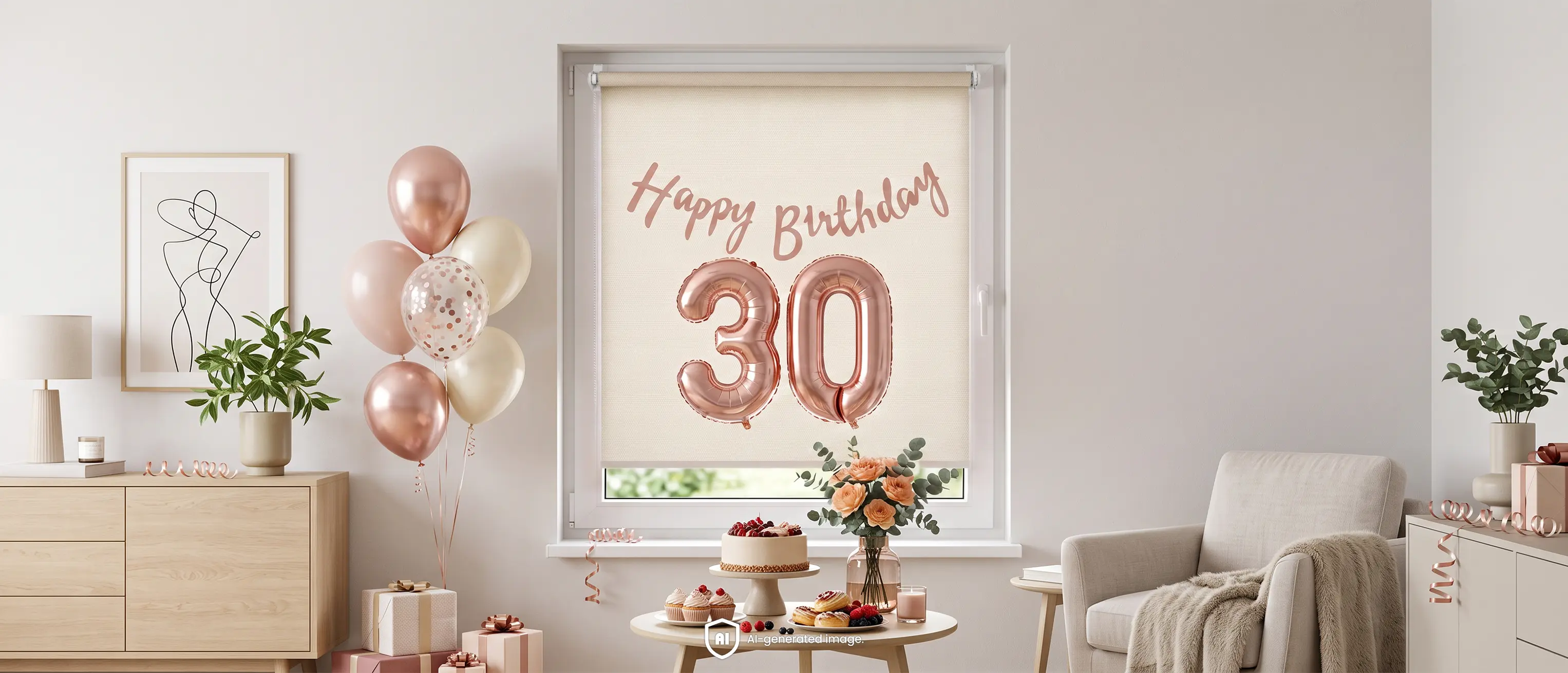 Ein Rollo am Fenster dient als Fotohintergrund f&uuml;r eine Geburtstagsfeier.