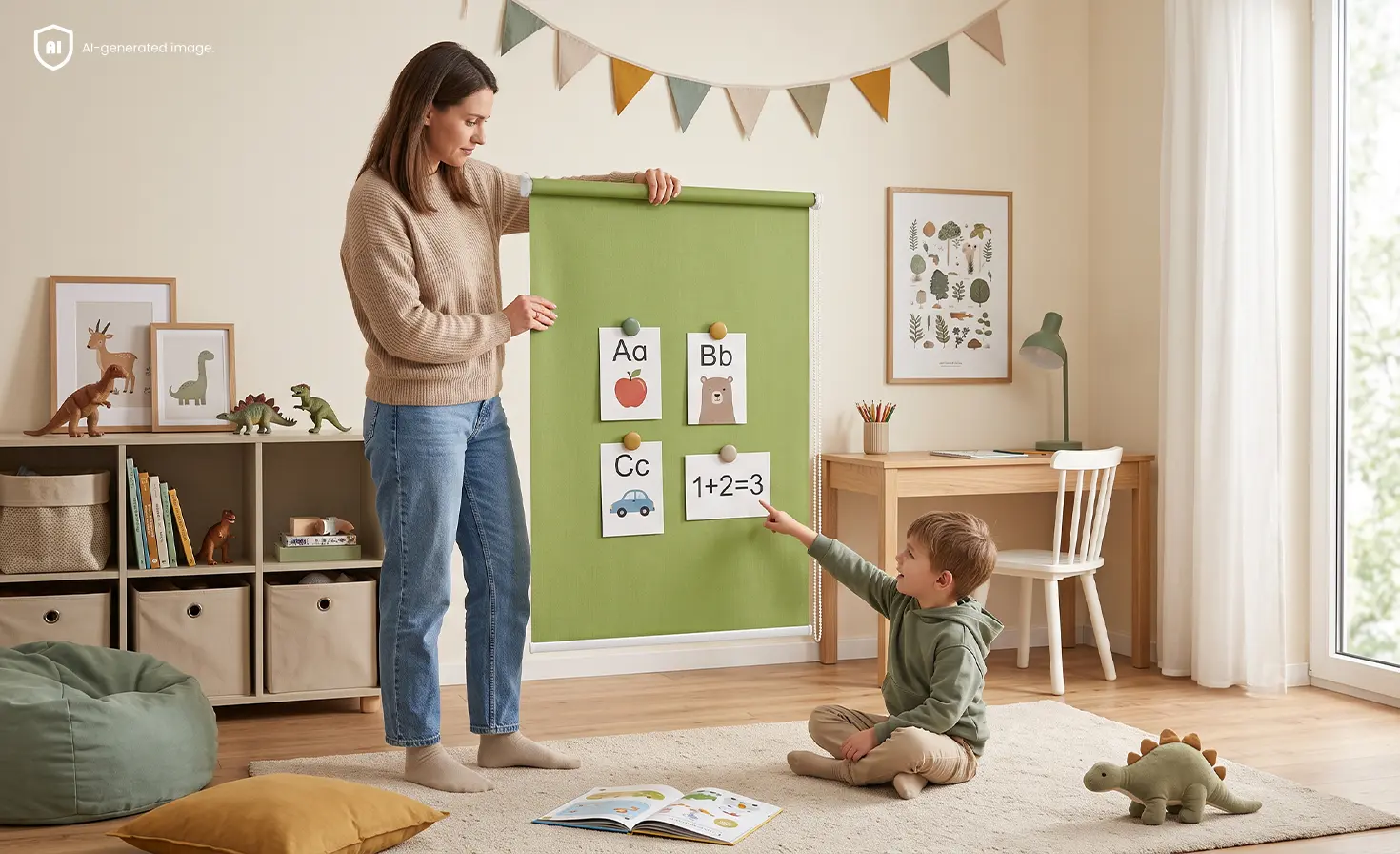 Eine Frau h&auml;lt ein Rollo, das als Lerntafel f&uuml;r Kinder genutzt wird.