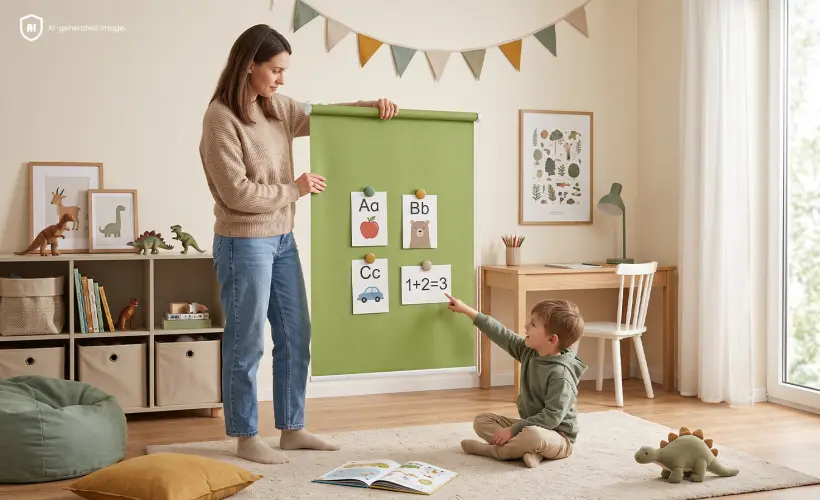 Eine Frau hält ein Rollo, das als Lerntafel für Kinder genutzt wird.