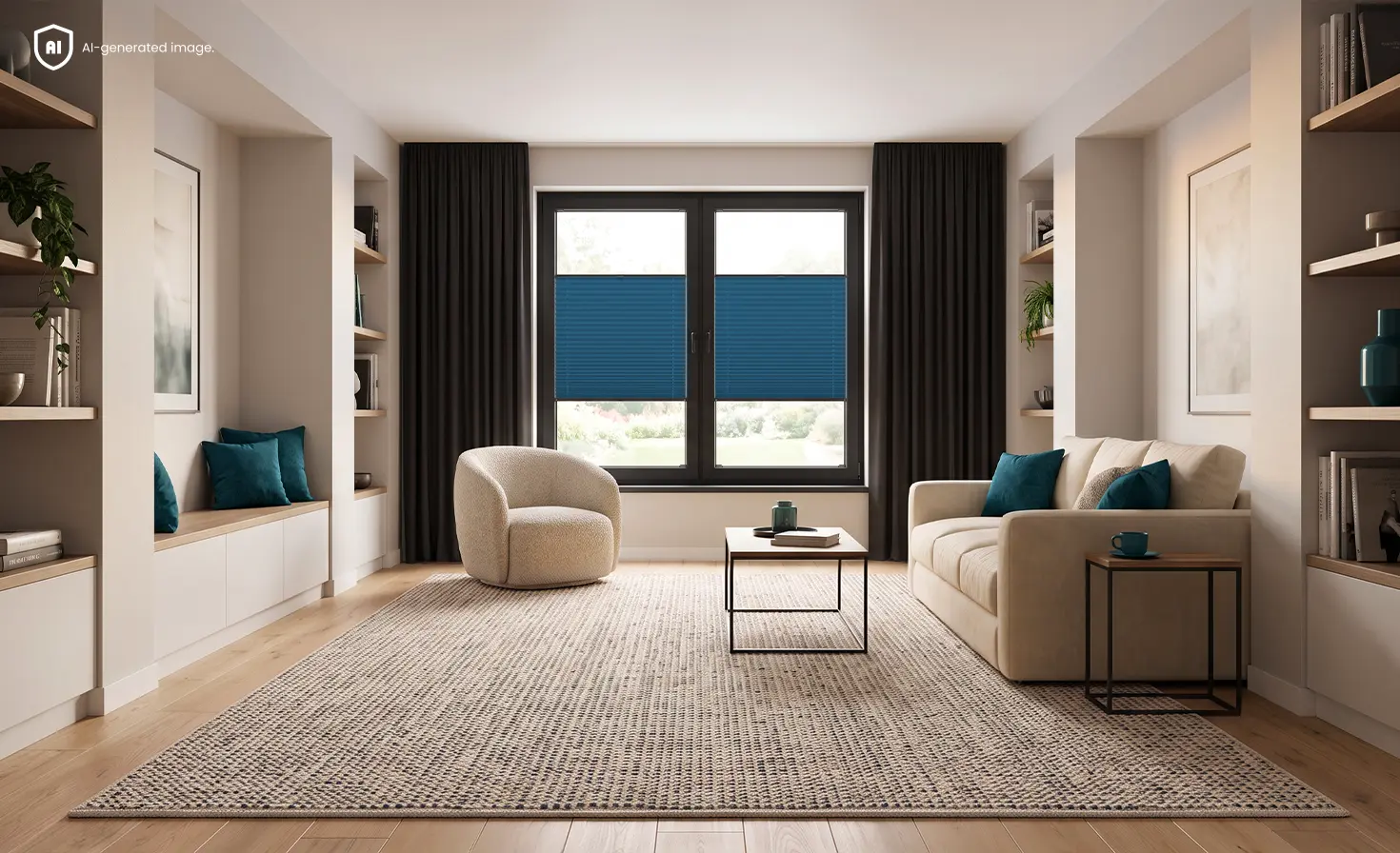 Blaue Plissees bedecken die unteren Bereiche der Fenster in einem modernen Wohnzimmer.