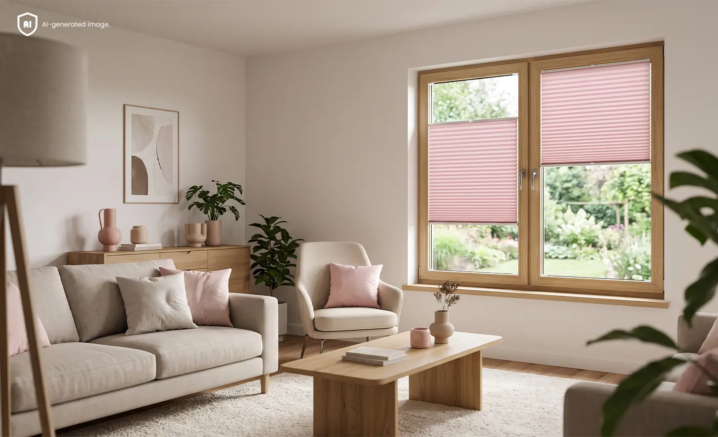 Rosa Plissees bedecken ausgew&auml;hlte Bereiche von zwei Fenstern in einem hellen Wohnzimmer.