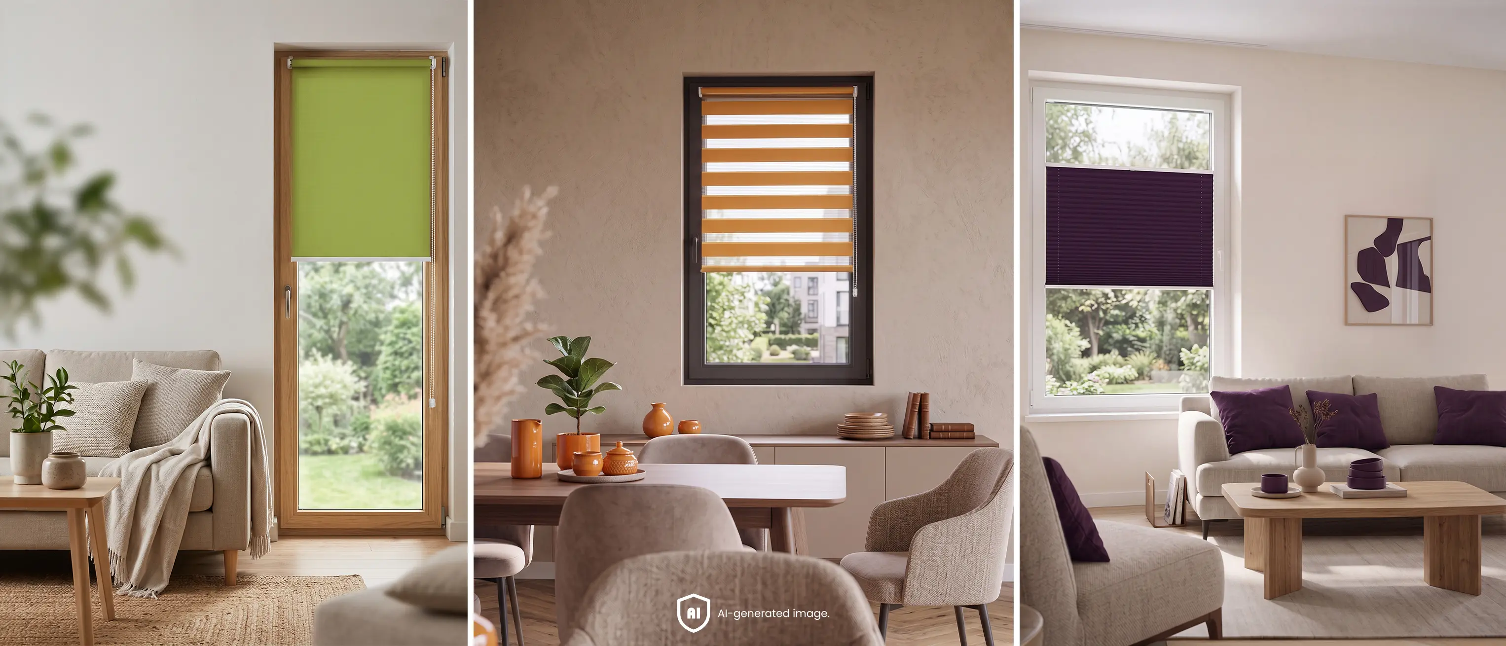 Vergleich eines gr&uuml;nen Stoffrollos, eines orangefarbenen Doppelrollos und eines violetten Plissees, die an den Fensterrahmen montiert sind.