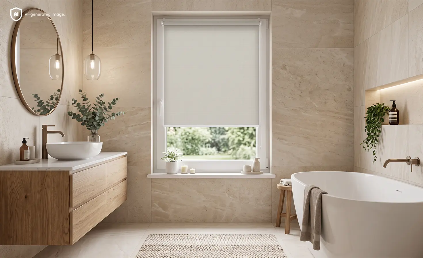 Moderne, beigefarbene Badezimmer im Boho-Stil mit einem Standardrollo am Fenster.