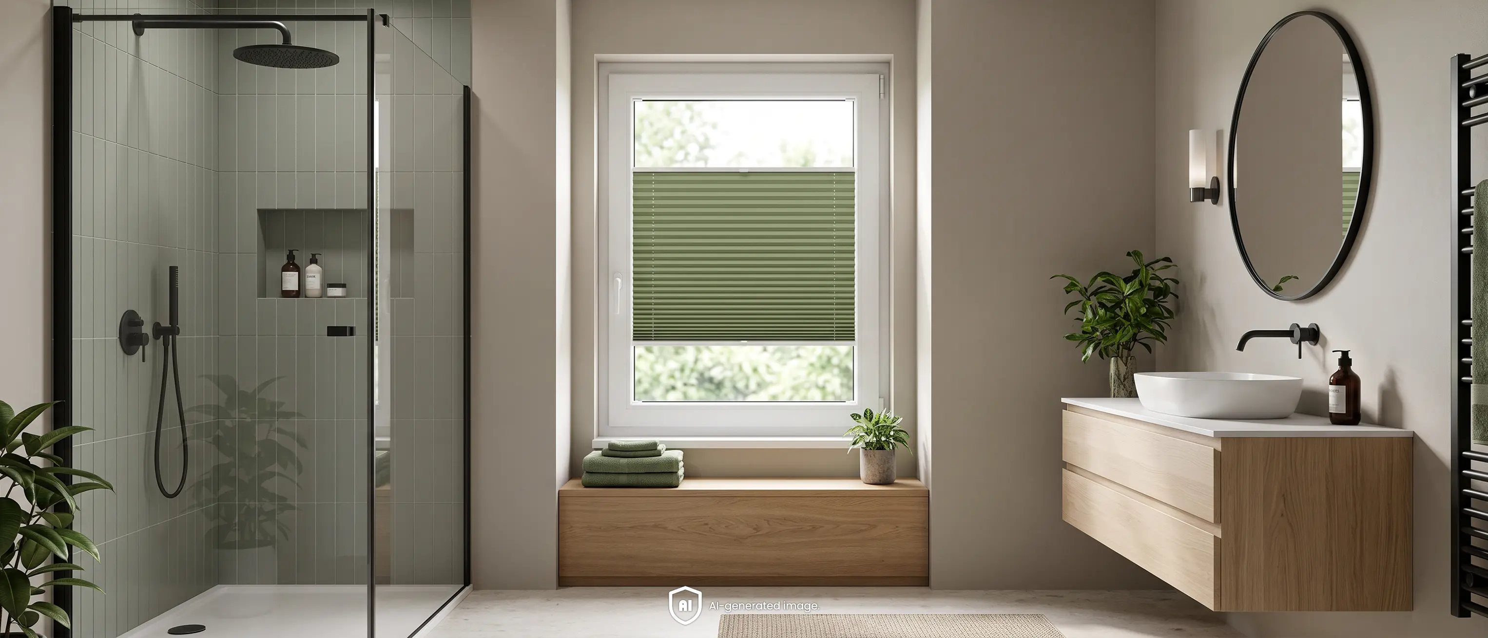 Gro&szlig;es, ger&auml;umiges, modernes Badezimmer in Graut&ouml;nen mit einem gr&uuml;nen Standard-Plissee am Fenster.