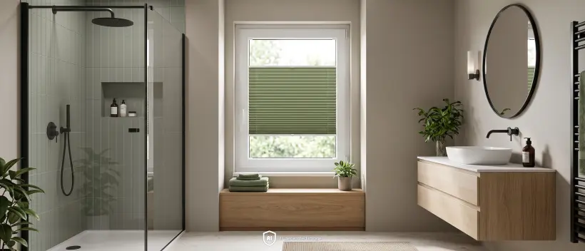 Großes, geräumiges, modernes Badezimmer in Grautönen mit einem grünen Standard-Plissee am Fenster.