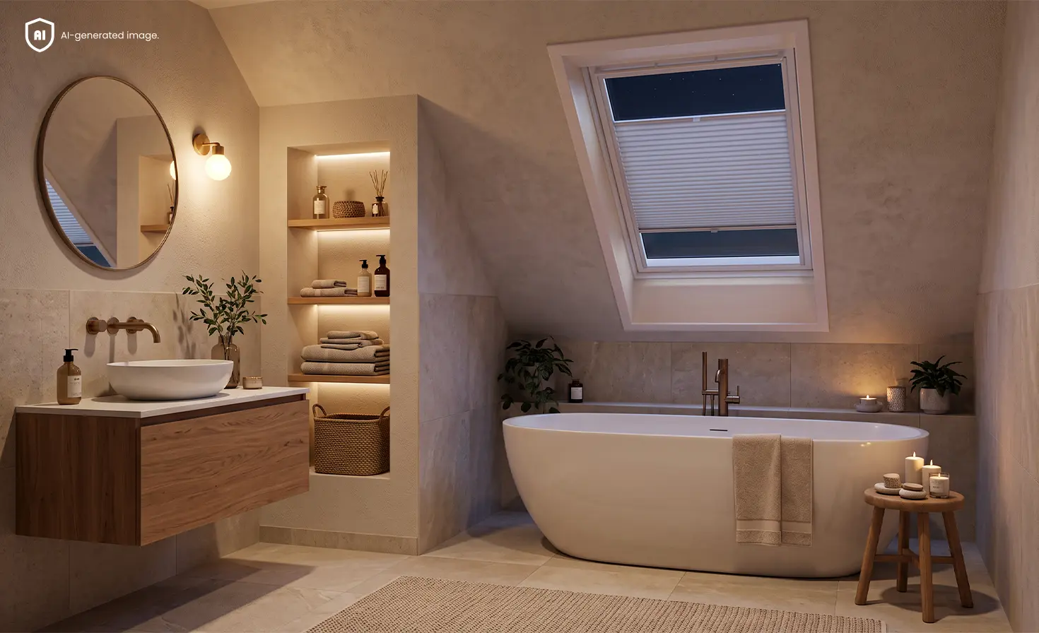 Badezimmer im Dachgeschoss mit einem blauen Dachfenster-Plissee am Fenster.