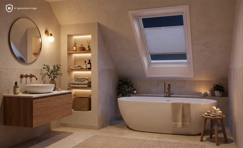 Badezimmer im Dachgeschoss mit einem blauen Dachfenster-Plissee am Fenster.