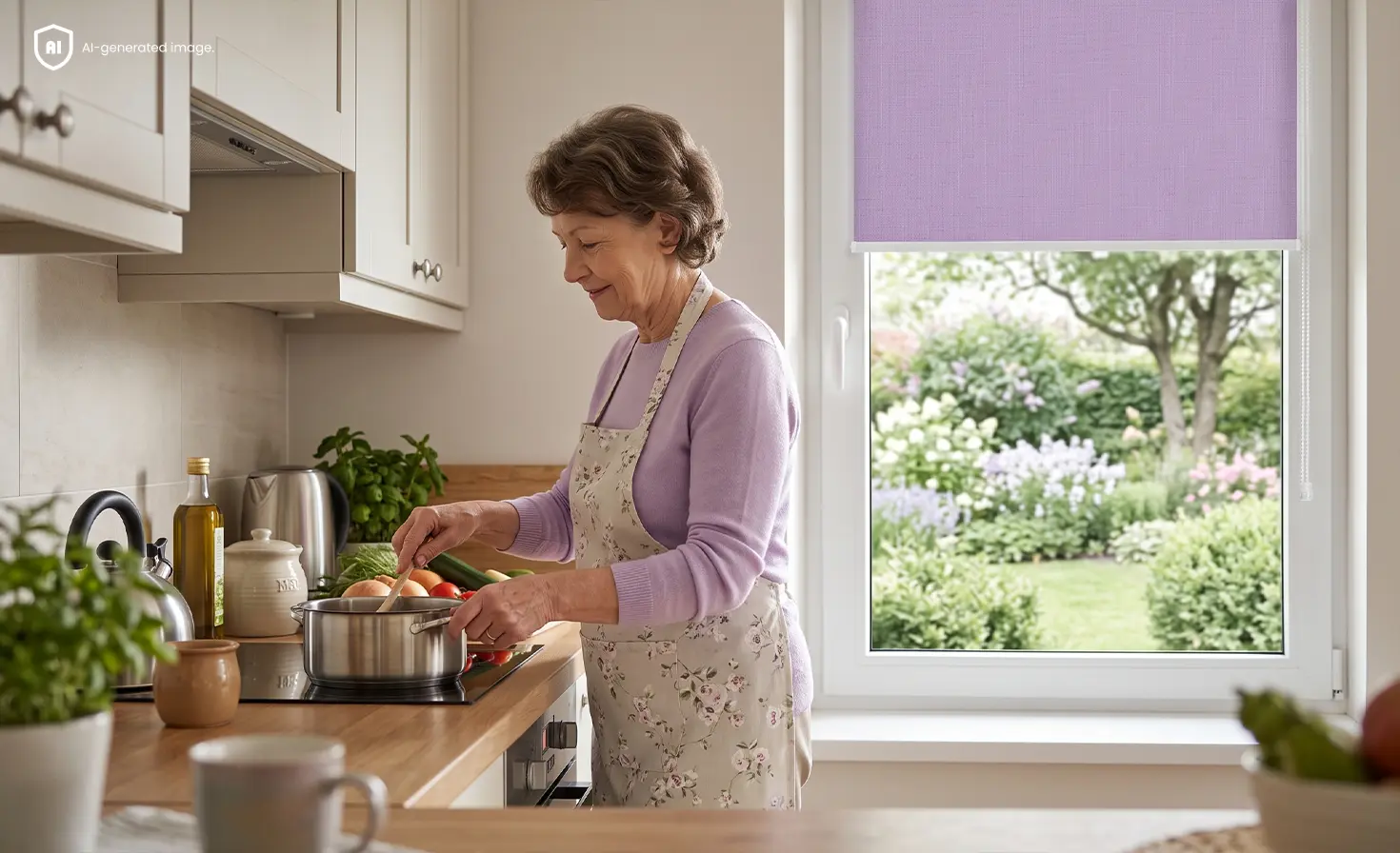Seniorin kocht in einer kleinen K&uuml;che, am Fenster h&auml;ngt ein Standard-Rollo in Pastell-Amethyst