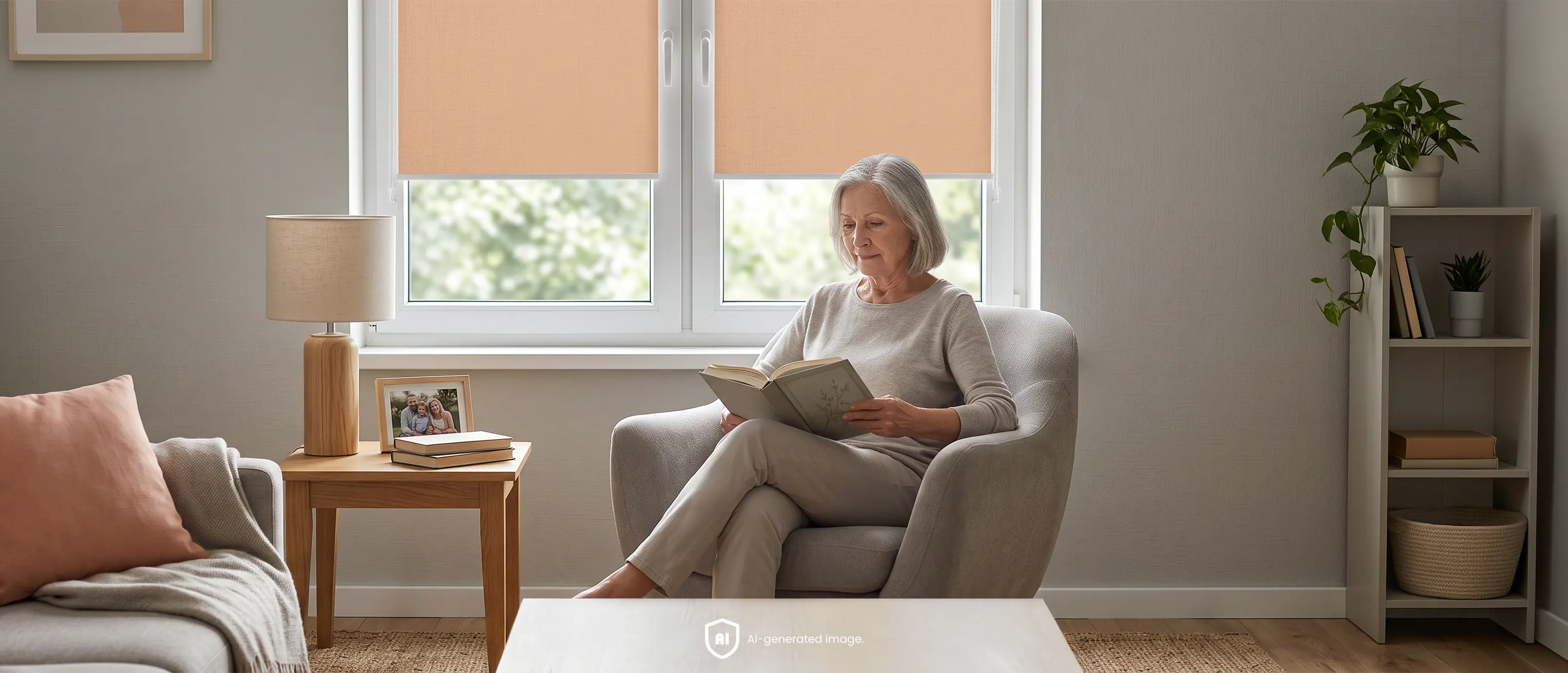 Senior woman sitting in an armchair and reading a book by a window with an apricot Standard roller blind