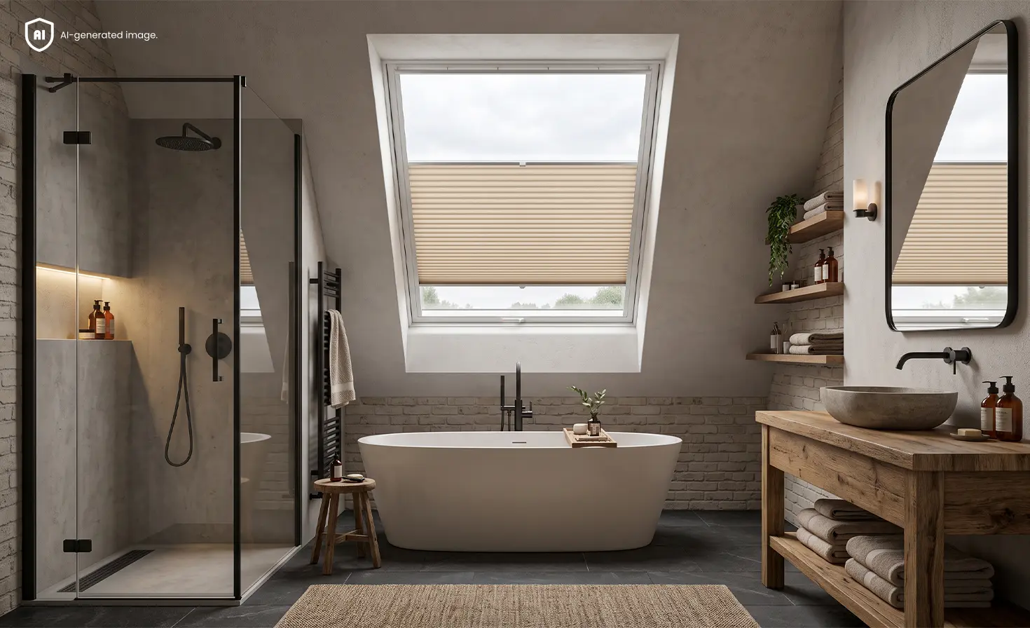 Badezimmer im Loft-Stil mit Badewanne, Holzelementen und beigem Plissee am Dachfenster.