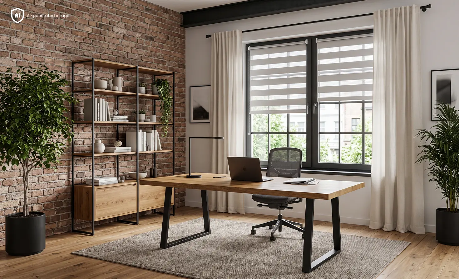 Loft-B&uuml;ro mit Backsteinwand, Holzschreibtisch und hellen Doppelrollos an den Fenstern.
