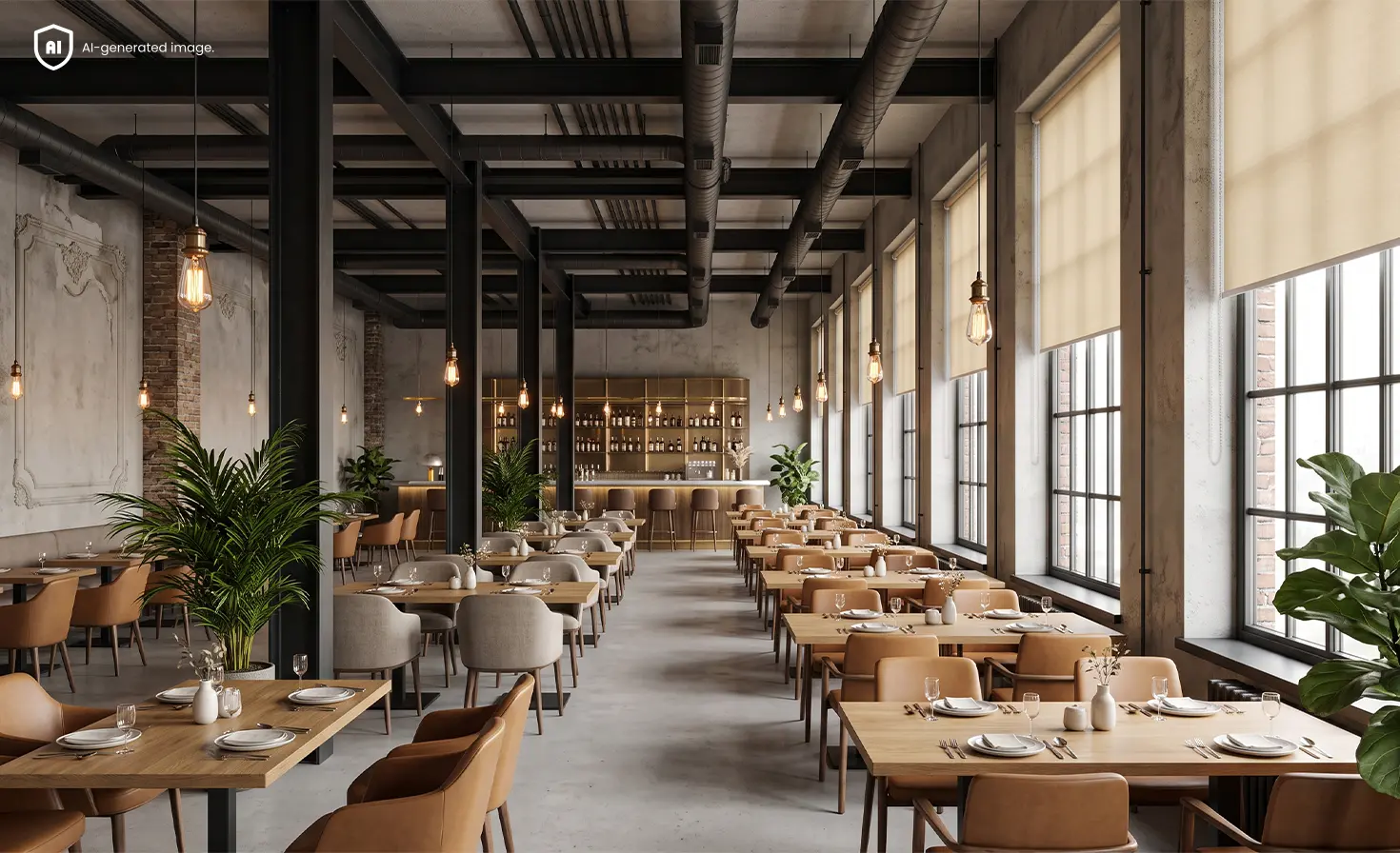 Gro&szlig;z&uuml;giges Restaurant im Loft-Stil mit gro&szlig;en Fenstern und hellen Rollos.