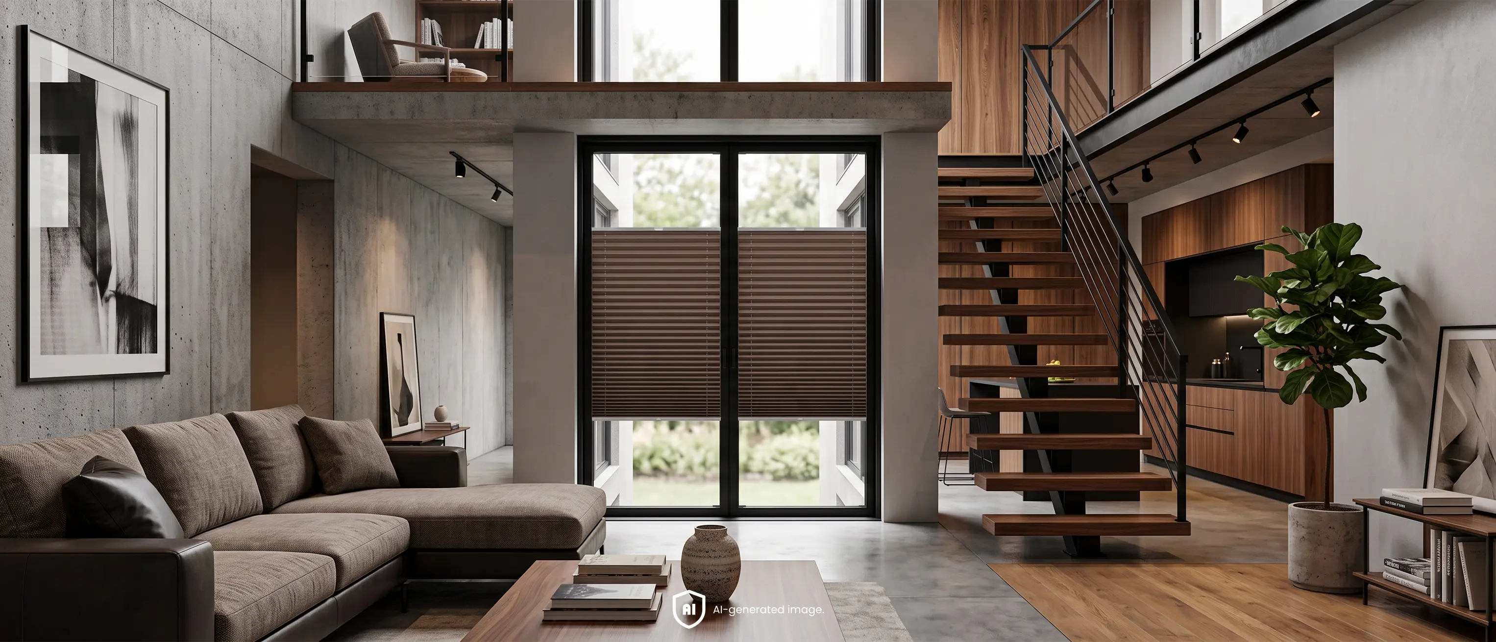 Modernes Loft-Wohnzimmer mit Beton, Holztreppe und braunen Plissees am hohen Fenster.