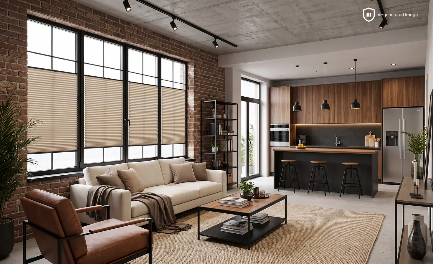 Offenes Wohnzimmer mit K&uuml;che im Loft-Stil und beigen Plissees an gro&szlig;en Fenstern.