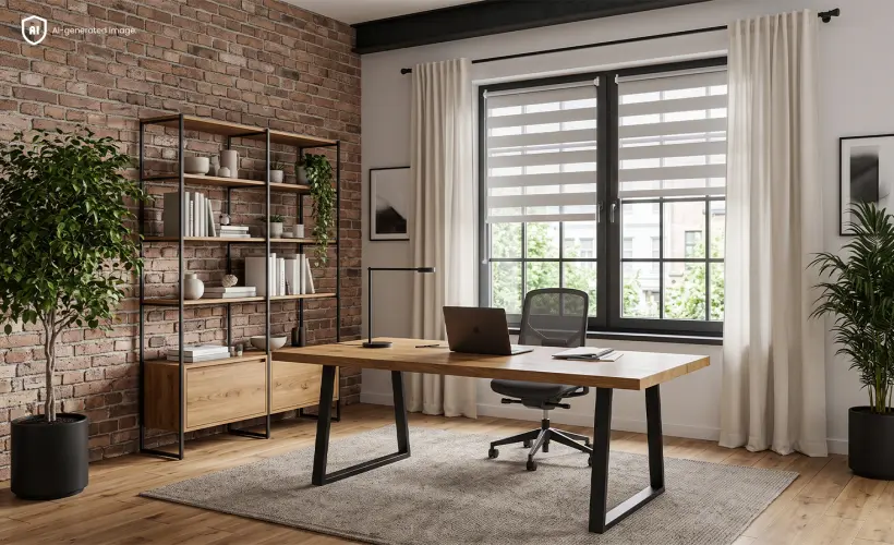 Loft-style office with a brick wall, wooden desk and light day and night blinds on the windows.