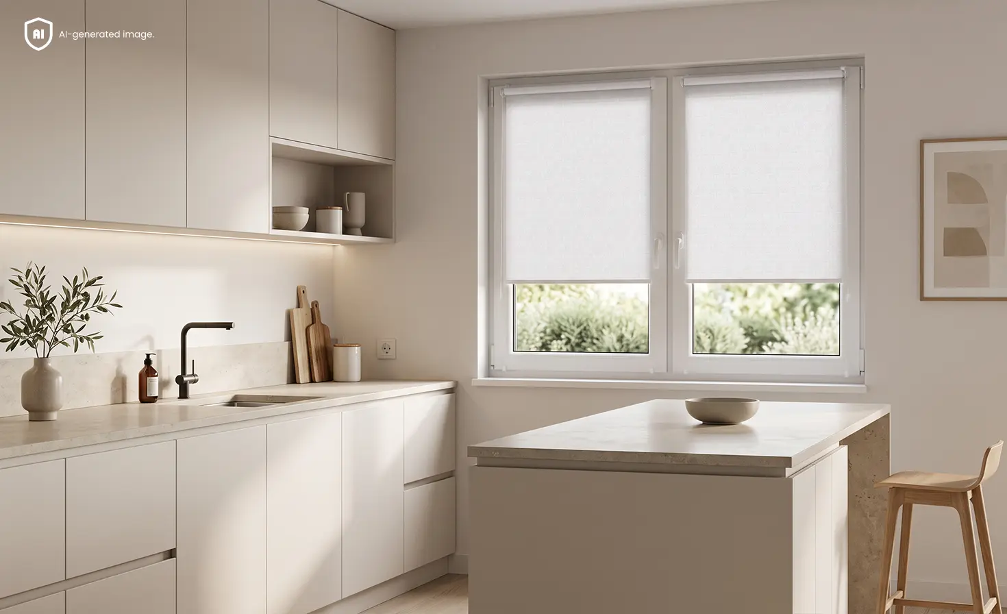 Helle, moderne, minimalistische K&uuml;che mit wei&szlig;en Standardrollos