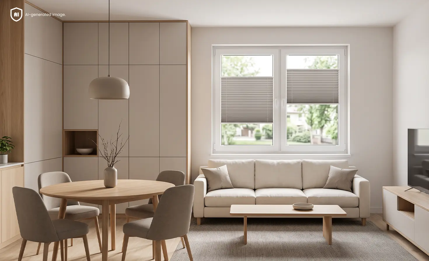 Kleines Wohnzimmer mit Essbereich im minimalistischen Stil und grauen Standard-Plissees am Fenster