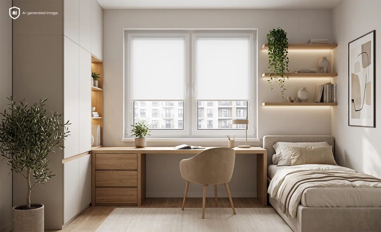 Stimmungsvolles minimalistisches B&uuml;ro mit wei&szlig;en Rollos am Fenster