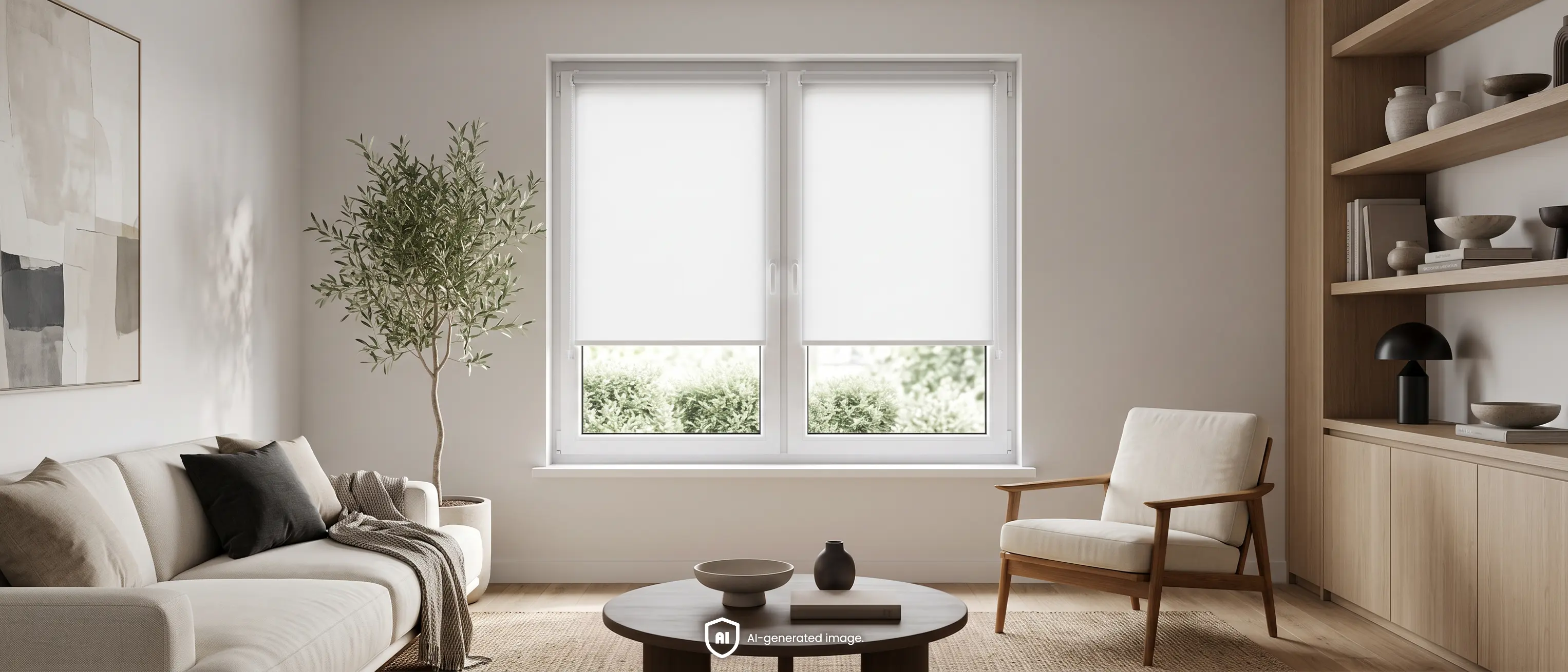 Helles, gro&szlig;z&uuml;giges Wohnzimmer im minimalistischen Stil mit wei&szlig;en Doppelrollos an den Fenstern