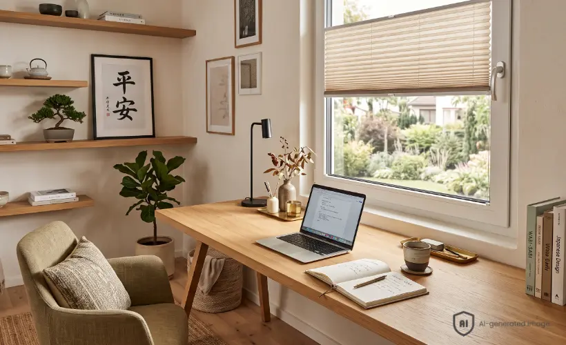 Desk study area prepared for learning foreign languages at home, with a beige pleated blind on the window