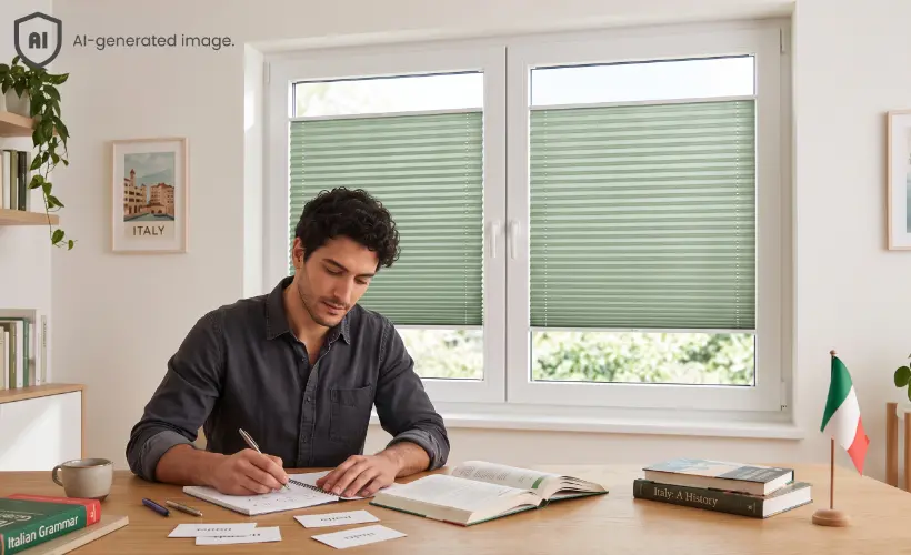 Man learning Italian at a desk at home, with a green roller blind on the window in the background