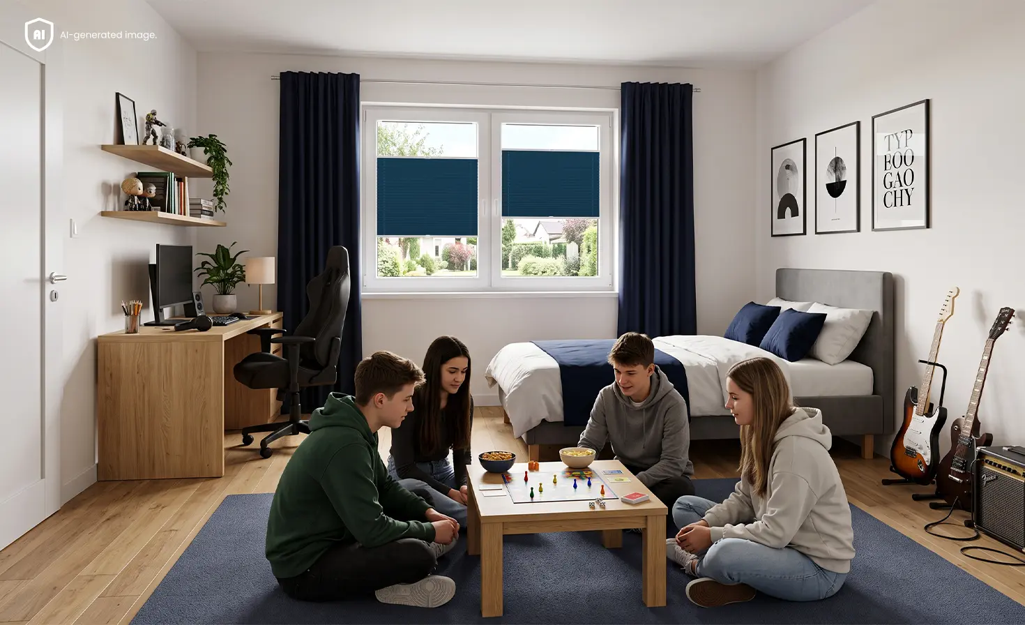Eine Gruppe Teenager spielt in einem Zimmer mit blauen Plissees am Fenster ein Brettspiel.