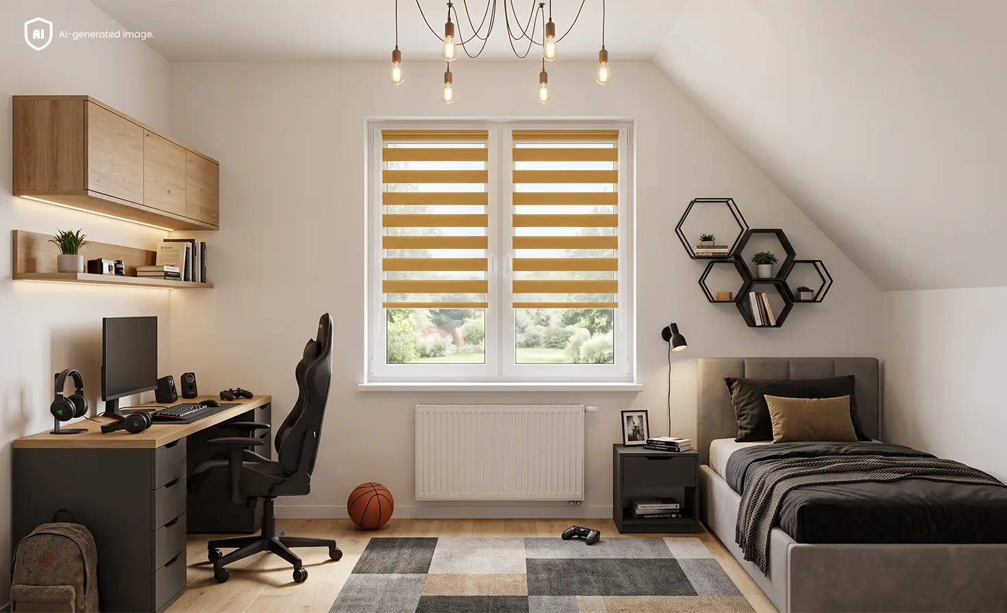 Jugendzimmer mit Schreibtisch, Bett und gelben Doppelrollos am Fenster.