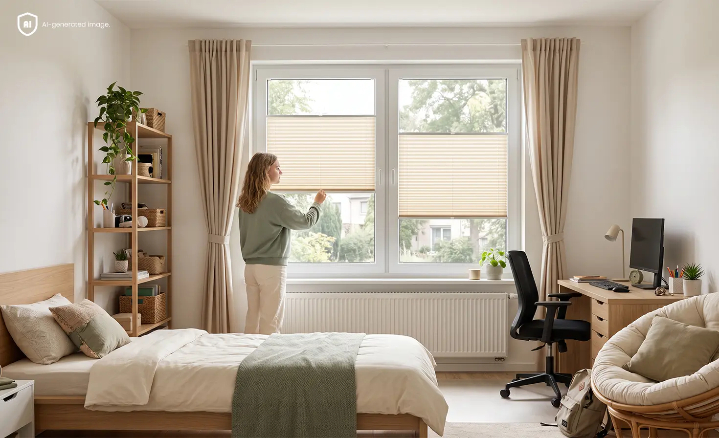 Eine Jugendliche verstellt beige Plissees in einem hellen Zimmer mit Lern- und Erholungsbereich.