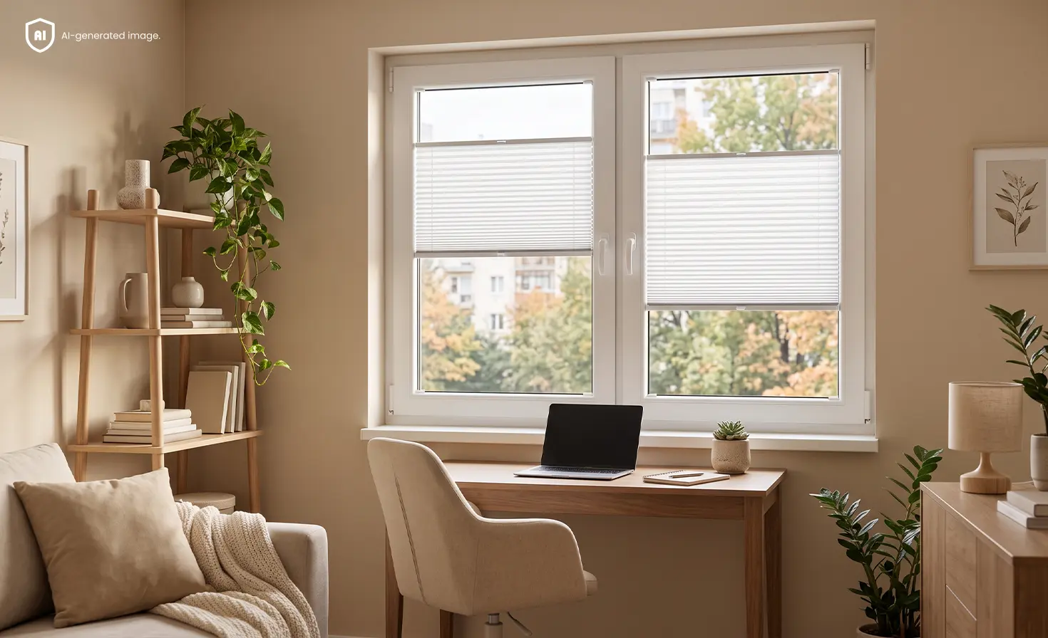 Stimmungsvolles Büro in Beigetönen im New-Cozy-Stil mit weißem Standardplissee am Fenster
