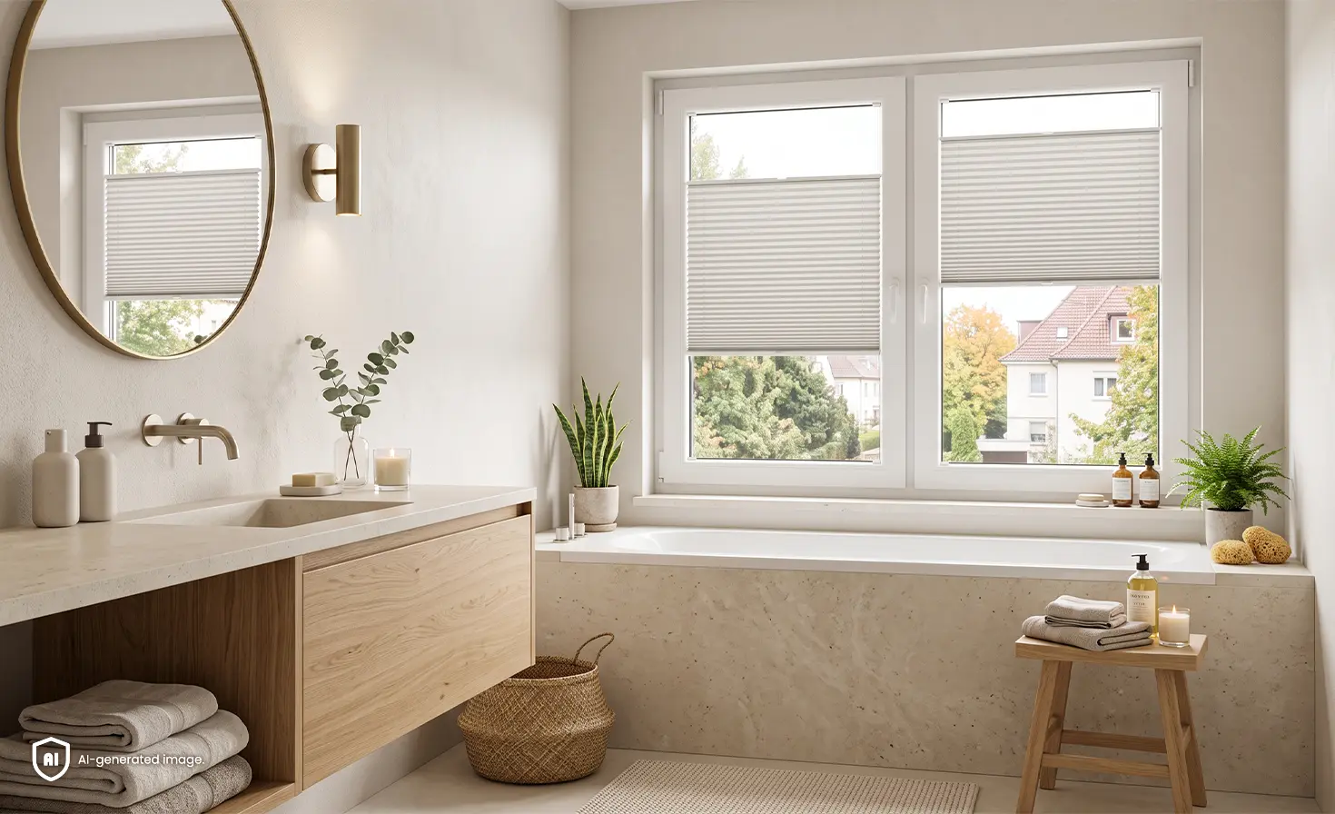 Helles Badezimmer mit gro&szlig;er Badewanne im New-Cozy-Stil und grauen Standardplissees an den Fenstern