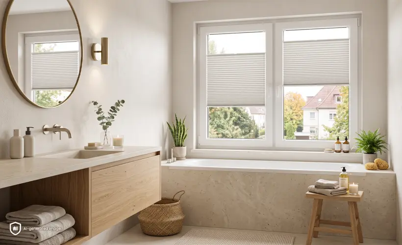 Helles Badezimmer mit großer Badewanne im New-Cozy-Stil und grauen Standardplissees an den Fenstern